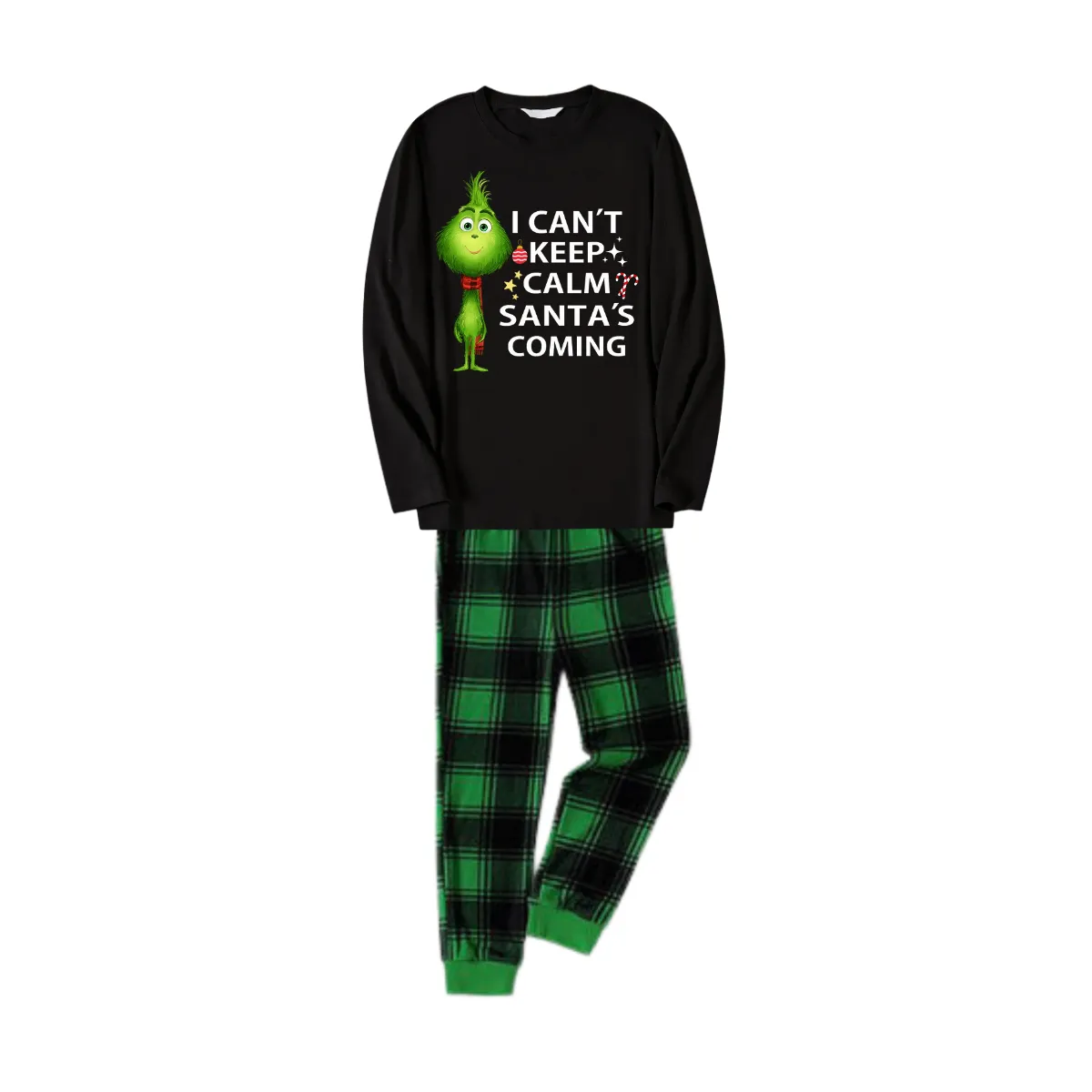 "I Can't Keep Calm, Santa's Coming" Slogan Printed Black and Green Plaid Christmas Matching Pajamas